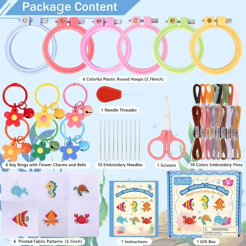 Miniatura 2 de Caydo Kit de punto de cruz de animales marinos de 6 piezas para niños con tela Aida estampada, aros de bordado, llaveros, herramientas de bordado e