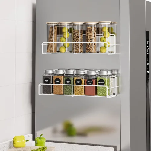 Mystozer Paquete de 2 organizadores magnéticos blancos para especias, ahorrador de espacio para refrigerador y pizarra, estante de metal para