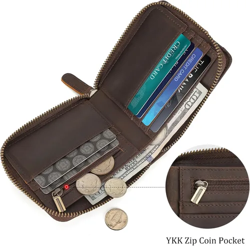 Miniatura 5 de Polare - Cartera plegable de cuero de grano completo para hombre, con bloqueo RFID, ranura para AirTag y bolsillo YKK con cremallera para monedas