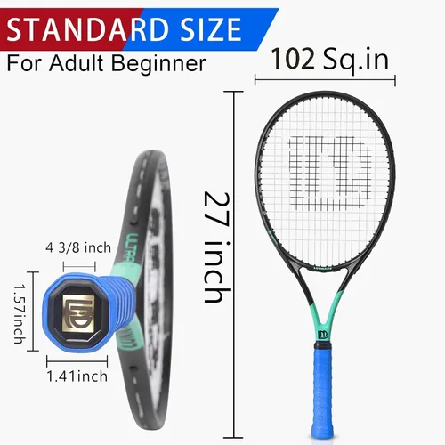 Miniatura 3 de Raqueta de tenis para adultos de 27 pulgadas, raqueta de tenis de fibra de carbono a prueba de golpes, ligera, pre-cordada y con empuñadura, Negro