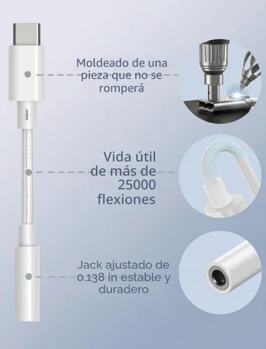 Miniatura 5 de Adaptador de auriculares de audio USB-C a 0.138 in – Paquete de 2 dongle de alta resolución con micrófono y control de volumen – Cable tejido tipo C