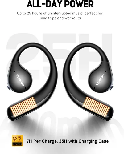 Miniatura 7 de Valorise Auriculares inalámbricos de conducción ósea T60, OWS con ganchos para los oídos, Bluetooth 5.4, ligeros y resistentes, 25 horas