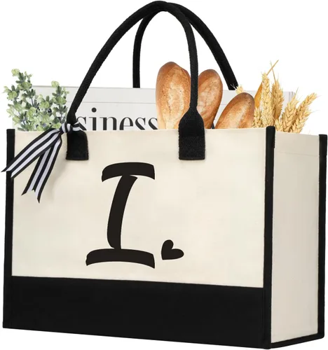 Miniatura 12 de shenee - Bolsa de lona con inicial, bolsa de yute personalizada para la playa, regalo de vacaciones para mujeres, cumpleaños de amigos, boda, año