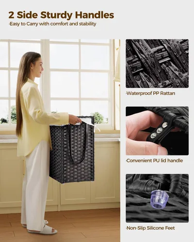 Miniatura 55 de GREENSTELL Cesta para ropa sucia con ruedas y tapa, 130 L, cesta grande de 3 secciones con 2 tipos de bolsas de forro extraíbles, 5 bolsas de malla