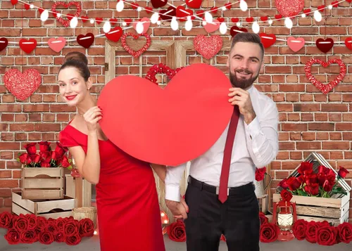 Miniatura 2 de LYWYGG Telones de fondo de fotografía de San Valentín feliz de 8x6 pies de pared de ladrillo puerta de madera y rosa roja flor amor corazón luces