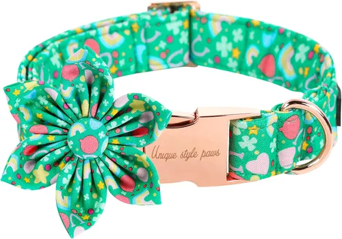 Miniatura 7 de Unique style paws Collar de perro del día de San Patricio con corbata, collar de cachorro de corazón de trébol de arco iris para niños pequeños