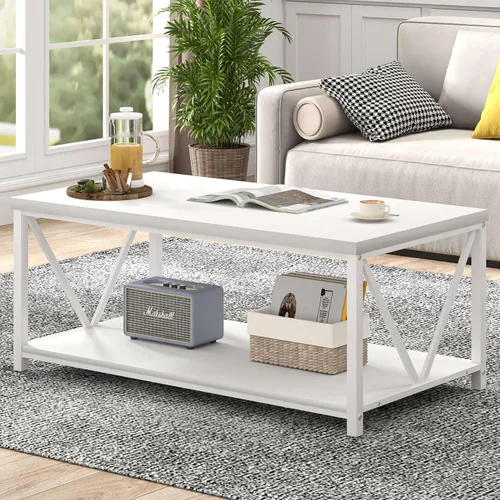 Miniatura 16 de EXCEFUR Mesa auxiliar, mesa de sala de estar de madera rústica y metal, mesa central rectangular industrial con estante de almacenamiento, 47 Gris