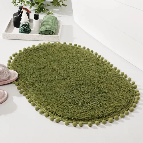 Miniatura 3 de YIRDDEO - Alfombra de baño verde oliva con pompones para baño, antideslizante, linda alfombra de baño boho con pompones ovalados absorbentes