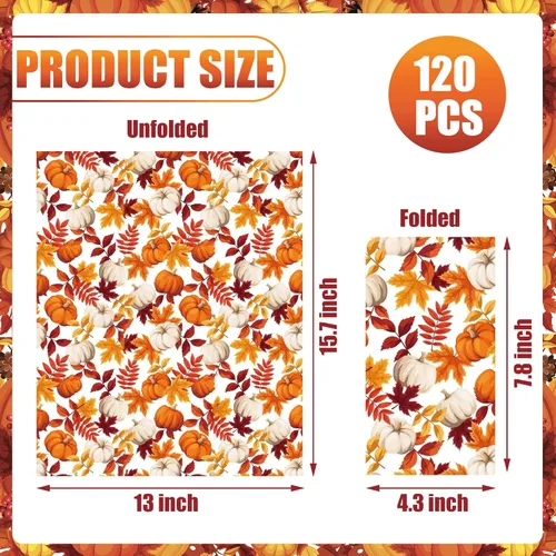 Miniatura 2 de 120 servilletas de papel de otoño con hojas de arce y calabaza, servilletas decorativas de otoño, toallas de mano desechables para Acción