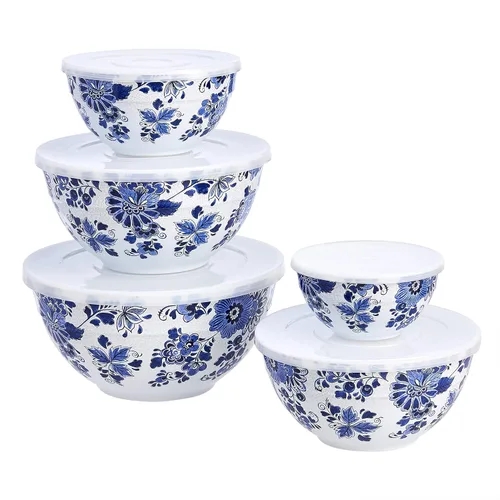 Amazon Basics Tazón Redondo de Mezcla de Melamina Anidado con Tapa y Base Antideslizante, 5 Tamaños, Floral Azul y Blanco, Juego de 10, 4 Quarts, 3