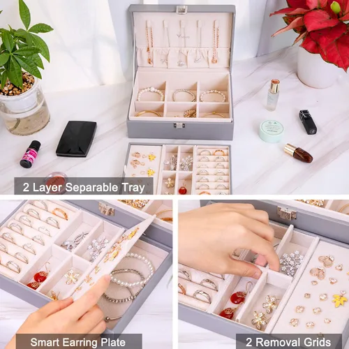Miniatura 3 de Voova - Joyero organizador para mujeres y niñas, 2 capas de almacenamiento de joyas grandes para hombres, soporte para joyas de piel sintética
