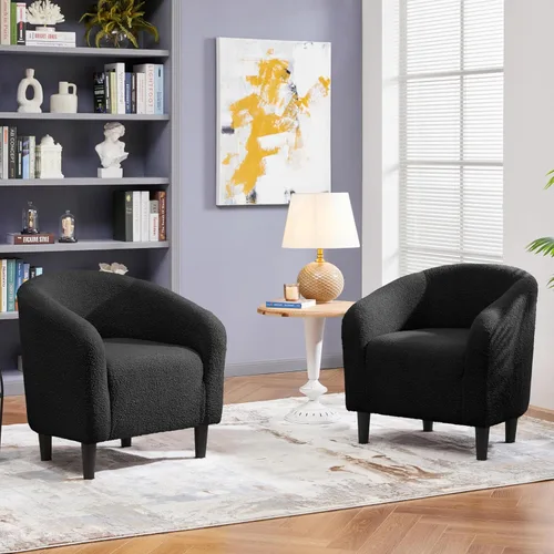 Miniatura 4 de Yaheetech Juego de 2 sillones, silla de club de tela de bouclé, silla elegante de sherpa con asiento suave y acolchado para sala de estar, Negro