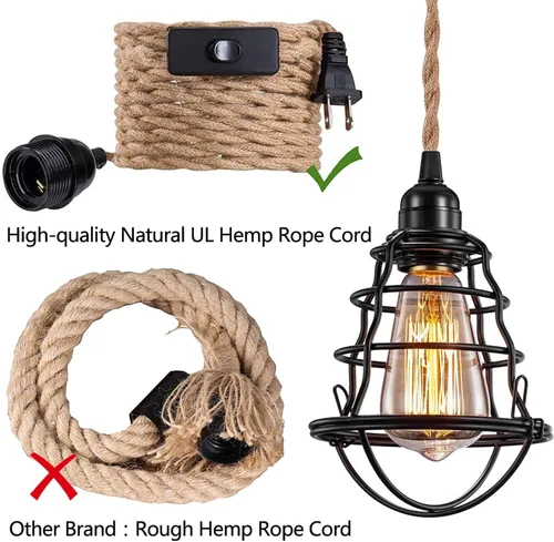 Miniatura 3 de Asnxcju Lámpara colgante industrial enchufable, luces colgantes vintage con cable de enchufe, lámpara colgante de jaula de metal con cuerda