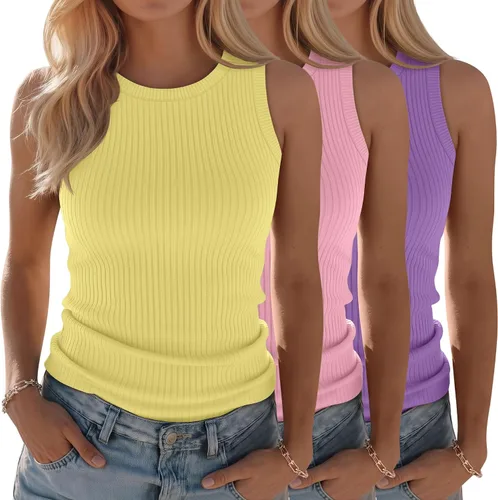 Miniatura 8 de Paquete de 3 camisetas sin mangas de algodón para mujer, de punto acanalado, casuales, básicas, de cuello redondo, ajustadas, de verano, con espalda