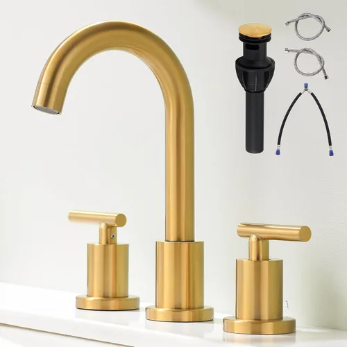Miniatura 10 de Grifo de lavabo de baño generalizado de dos asas, grifo de tocador de 3 agujeros con drenaje emergente y líneas de suministro de grifo cUPC, grifo