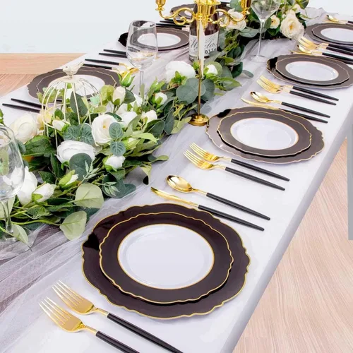 Miniatura 5 de WDF 30 Invitados - Platos de plástico negro y dorado, platos de Año Nuevo, cubiertos de plástico dorado con mango negro, vajilla desechable barroca