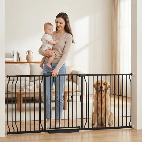 Miniatura 22 de Puerta extra ancha para bebé, puertas de seguridad extra altas para interiores, metal negro, gran montaje a presión, puerta para mascotas, puerta