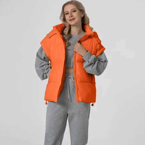 Miniatura 10 de Shiyifa Chaleco acolchado para mujer, chaqueta de gran tamaño, sin mangas, ligera, con cremallera, con capucha desmontable