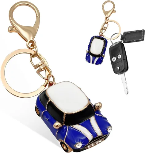 Miniatura 10 de povtii Llavero de Coche, Detalle de Rinstones 3D Modelo de Coche Bonito Llavero, Llavero de Metal Mini Cooper con Anillo, Accesorios para Coche Azul