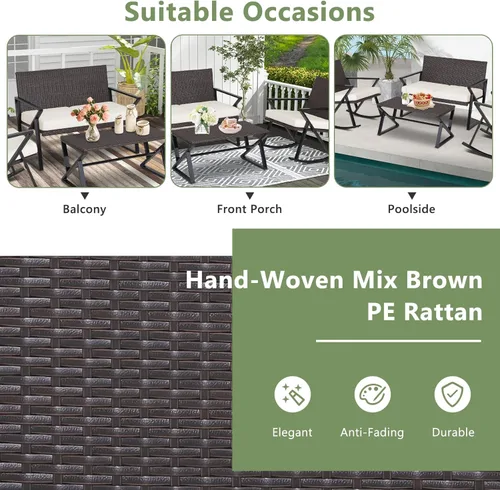 Miniatura 9 de Tangkula Patiojoy - Juego de muebles mecedores de patio de 4 piezas, sofá biplaza de mimbre de polietileno resistente con 2 sillas mecedoras y 1