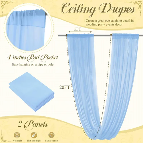 Miniatura 4 de Cortinas de techo azul bebé para bodas, 4 paneles de 20 pies, cortinas para techo, tela de drapeado de arco de boda, tela de tul para drapear techo