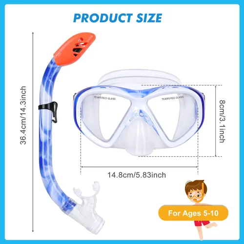 Miniatura 6 de Juego de esnórquel para niños, máscara de buceo antivaho para niños, gafas de natación, equipo de esnórquel con parte superior seca, paquetes