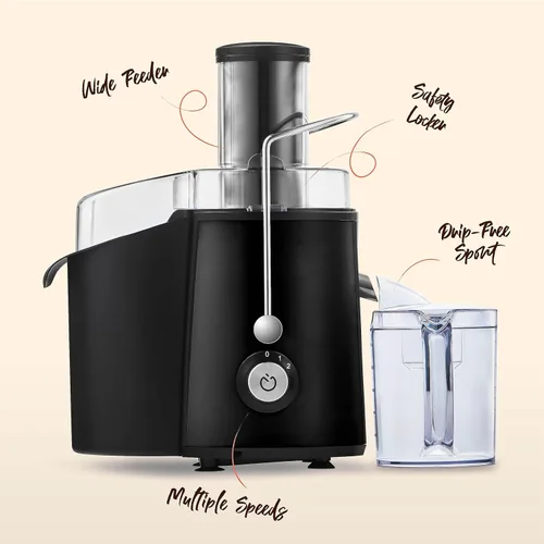 Miniatura 5 de Peach Street Exprimidor centrífugo de 700 W, extractor de jugo, alimentador de 3 pulgadas de ancho para frutas enteras, verduras, con filtro de Negro