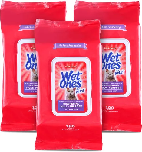 Wet Ones Toallitas multiusos para refrescar mascotas para gatos con aloe vera, 100 unidades - paquete de 3 | Toallitas de limpieza para gatos