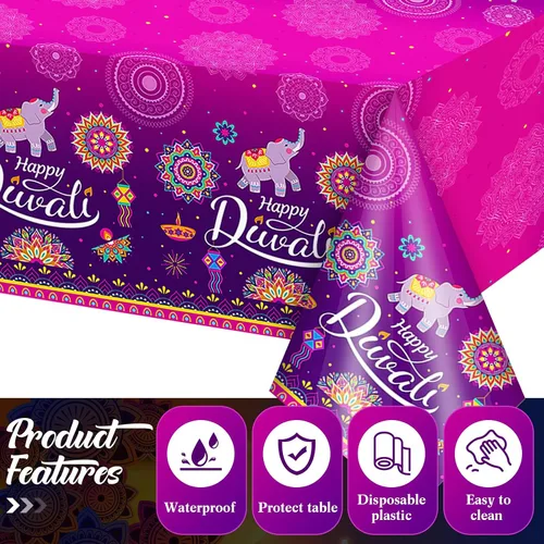 Miniatura 5 de Peryiter Happy Diwali Mantel desechable, mantel de plástico para mesas rectangulares, mantel Diwali para decoración de fiesta, celebración de luz