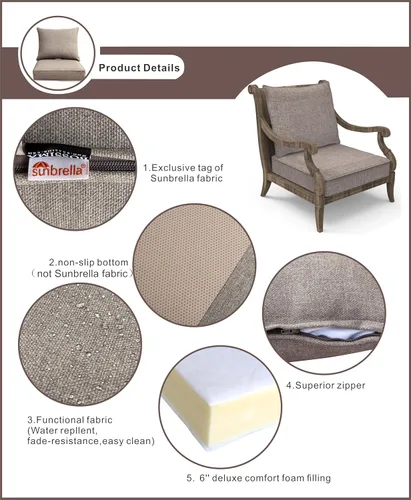Miniatura 3 de Cojín para muebles de exterior, cojines para silla de asiento profundo, asiento de espuma, tela Sunbrella, mezcla Nomad