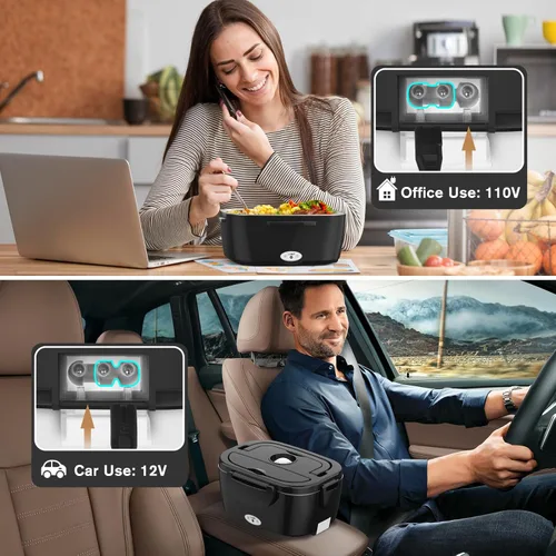 Miniatura 4 de Vabaso Electric Lunch Box for Adults, 80W Heated Lunch Box with Dual 1.5L Stainless Steel Containers, Portable Food Warmer for Men Work Car Truck