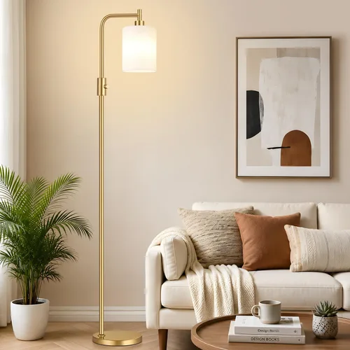 Miniatura 8 de 【Actualizada】Lámpara de pie regulable para sala de estar con pantalla de cristal, lámpara de pie moderna de níquel cepillado con bombilla LED de 900
