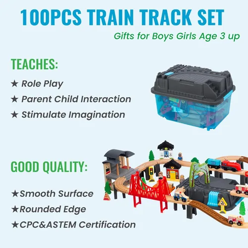 Miniatura 5 de 100 piezas de juego de tren de madera para niños de 3 años, juego de tren de doble cara con pistas, puente, estación de tren y caja de 100