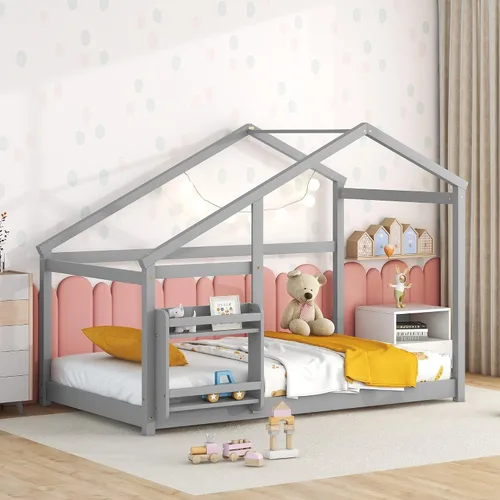 Miniatura 21 de Marco de cama para niños, marco de cama en forma de casa, cama de madera de tamaño individual con valla para niños, adolescentes, niñas, niños