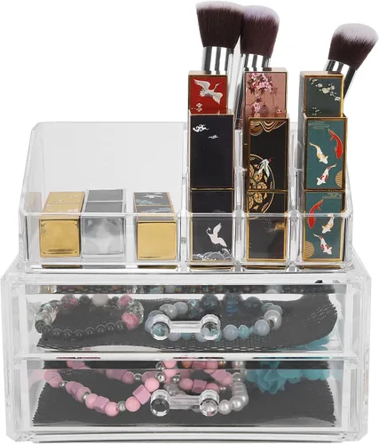 Miniatura 8 de Caja de almacenamiento de maquillaje, organizador transparente de dos niveles, joyería cosmética, lápiz labial, soporte para exhibición de lápiz