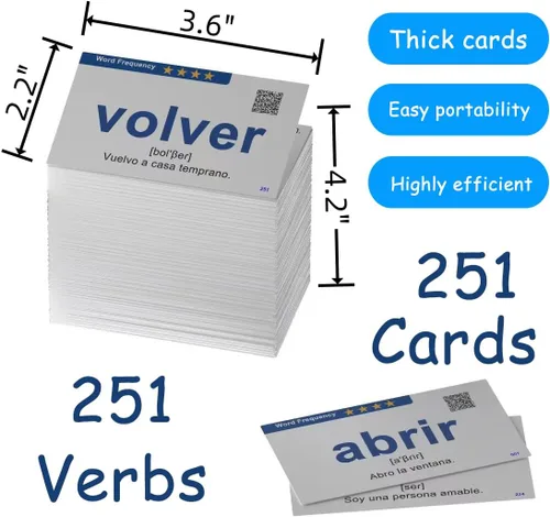 Miniatura 6 de Docdeer 251 tarjetas didácticas de aprendizaje de verbos en español para principiantes, adultos y niños, tarjetas de español a inglés