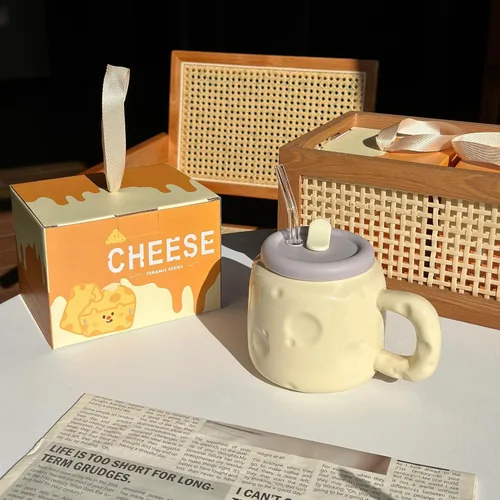 Miniatura 8 de Juego de tazas de cerámica en forma de queso de 25 onzas – Taza de café de cerámica bonita con tapa y pajita, taza de café grande regalo