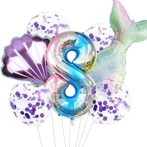 Miniatura 12 de 7 globos de sirena con números para fiesta de cumpleaños de 1, 2, 3, suministros de decoración de cola de sirena para niñas (número 0)