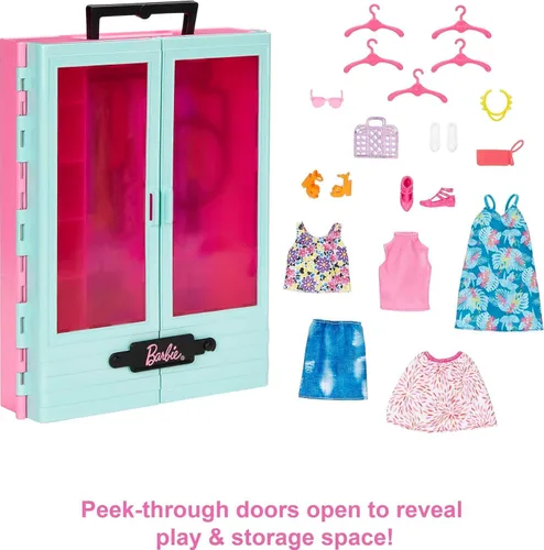 Miniatura 3 de Set de armario de Barbie con 3 conjuntos, accesorios de estilo y perchas, ropa para mezclar y combinar para más de 50 looks