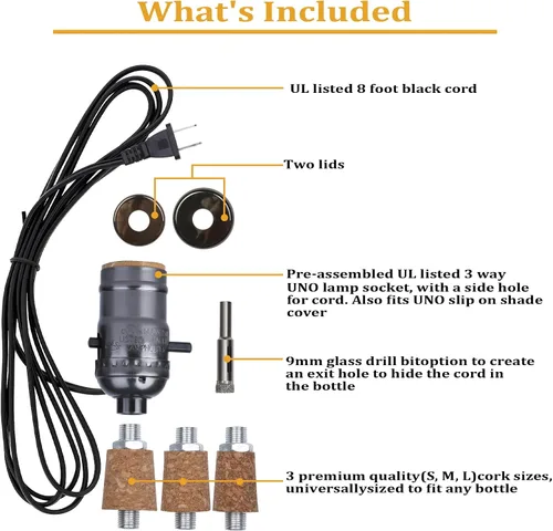 Miniatura 2 de Kit de lámpara de botella Aokpsrt con broca de vidrio de 9mm DIY Kit de lámpara para botellas de licor con enchufe deslizante y cable