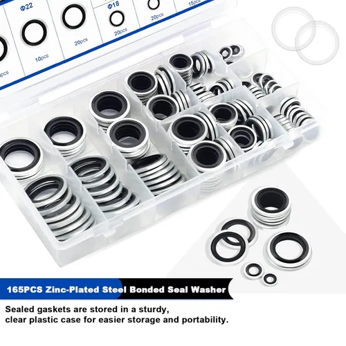 Miniatura 3 de 165 Piezas Arandelas de Sellado Adheridas, Arandelas de Goma de Sellado Autocentradas NBR Métricas de Acero Galvanizado en Zinc, Kit de Surtido