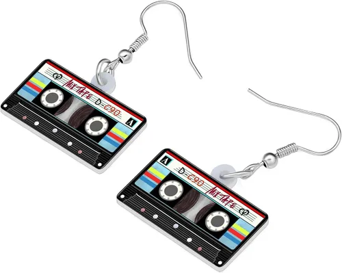 Miniatura 2 de Aretes de cinta de casete nostálgicos de los años 80 y 90 de acrílico cuelgan música clásica joyería de audio para mujeres, regalos