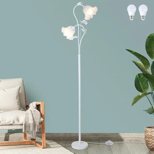 HMVPL Lámpara de pie blanca con flores, lámpara alta floral con 2 bombillas LED de 5W, interruptor de pie, lámpara de pie moderna de esquina con