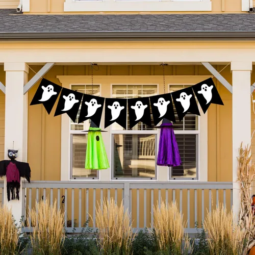 Miniatura 5 de Doumeny Pancarta de arpillera de fantasma de Halloween, guirnalda espeluznante, guirnalda espeluznante, pancarta negra para fiesta, bandera de truco