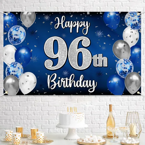 Miniatura 241 de Decoración de feliz cumpleaños 35, globo azul y plateado de 35 años, cartel grande de telón de fondo de cumpleaños, suministros para fiesta de 35th