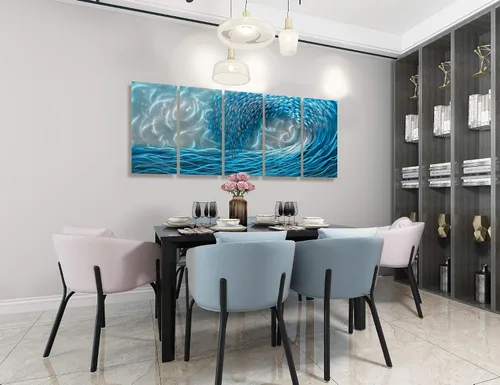 Miniatura 7 de BATRENDY ARTS Arte de pared de metal con ondas azules, escultura colgante en 3D, pintura de aluminio pulido a mano para sala de estar, dormitorio