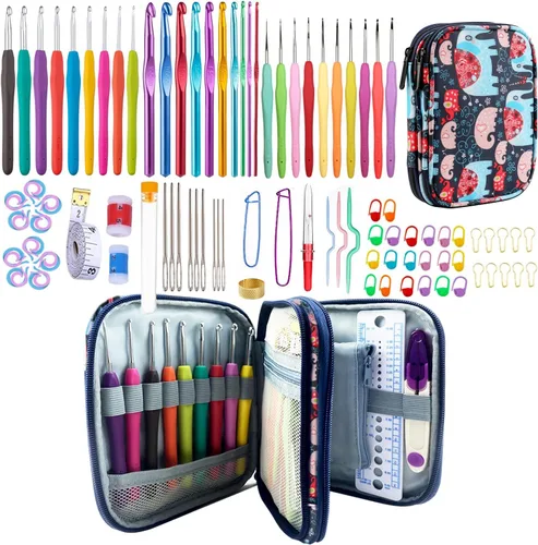 Miniatura 8 de Juego de 100 ganchos de ganchillo en estuche con mango ergonómico de agarre suave, hilo para tejer, agujas de tejer, kit de accesorios para agujas