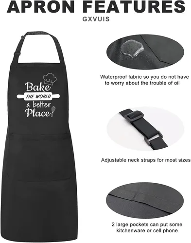 Miniatura 4 de Baking Lover - Delantal para mujer Bake the World a Better Place impermeable, ajustable, 2 bolsillos, delantal de cocina, regalo