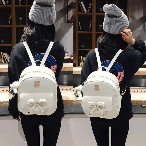 Miniatura 2 de K.E.J. Mini mochila de cuero Bowknot de 3 piezas, linda mochila pequeña para mujer, Beige, Mochilas Daypack