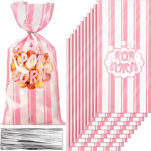 200 bolsas de palomitas de maíz, bolsas de plástico para máquina de palomitas de maíz, recipientes de maíz con lazos giratorios para carnaval, Rosa